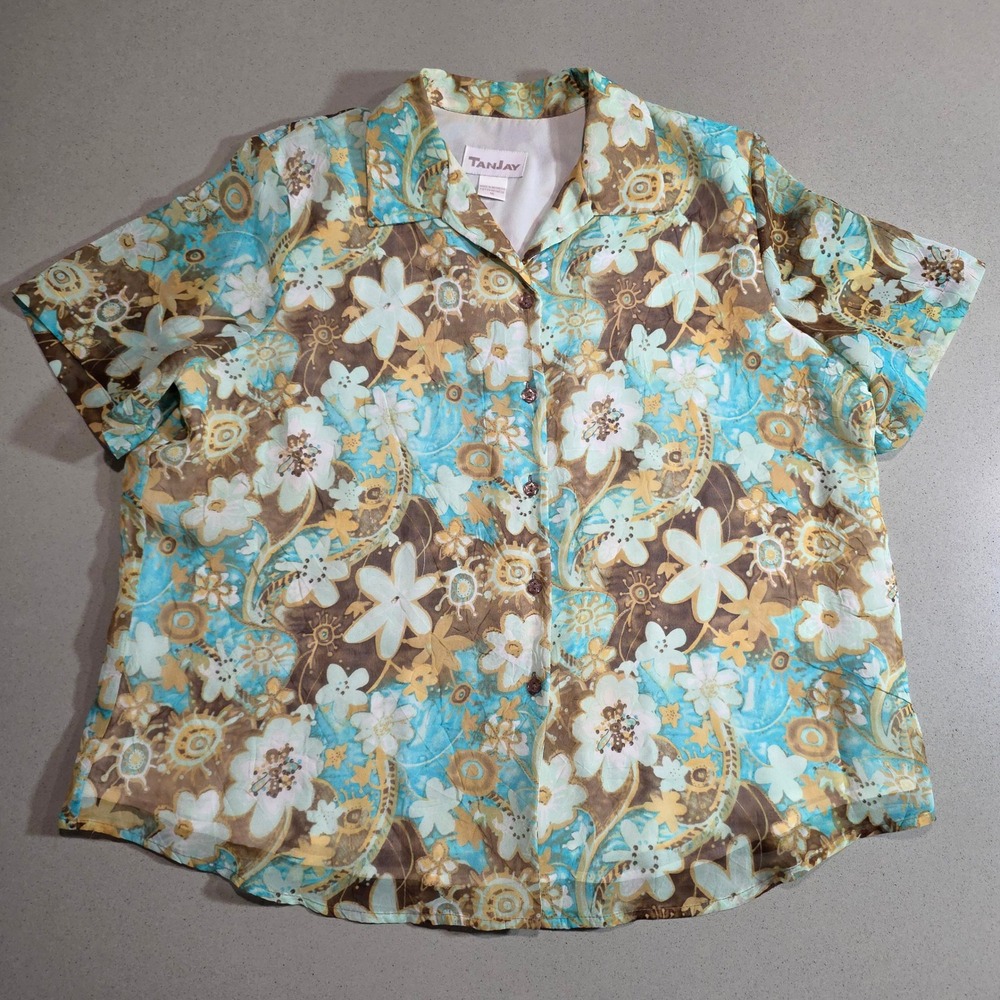 Tanjay Womens Blue Brown Floral Paisley Button Down Blouse Size 16 Short Sleeve